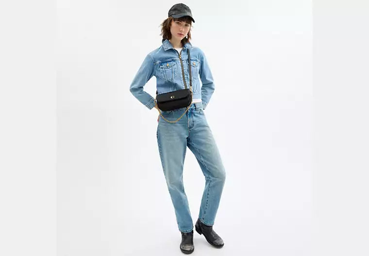 COACH Brook Small Leather Flap Chain Brass Black