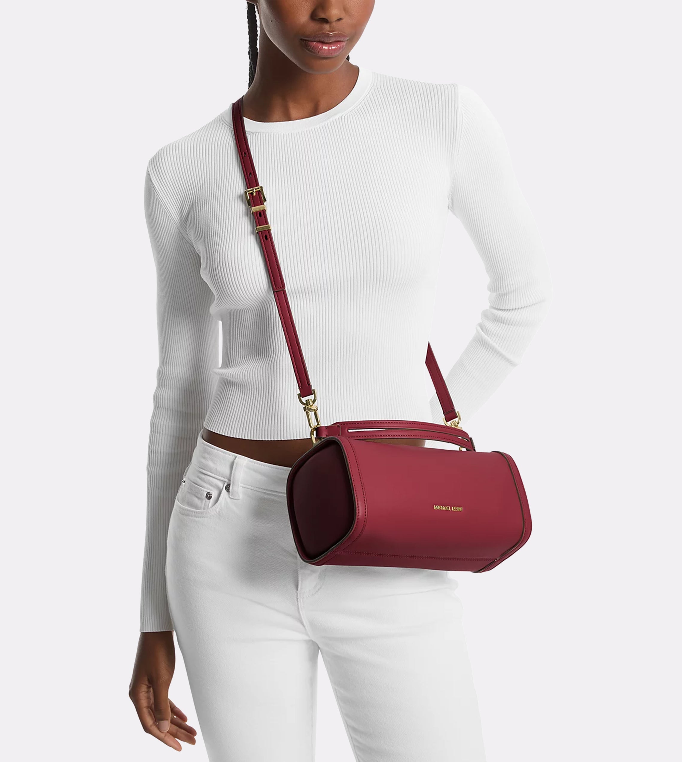 Michael Kors Small Leather Barrel Crossbody Deep Red