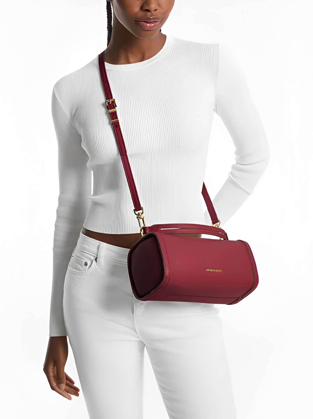 MK Small Leather Barrel Crossbody Deep Red