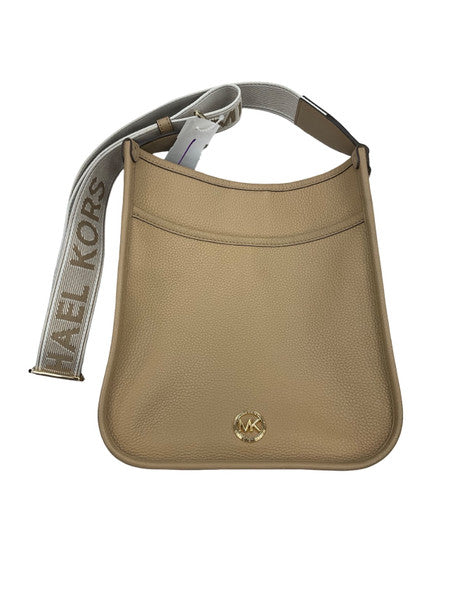 taupe leather crossbody bag featuring a wide logo strap and gold tone MK hardware