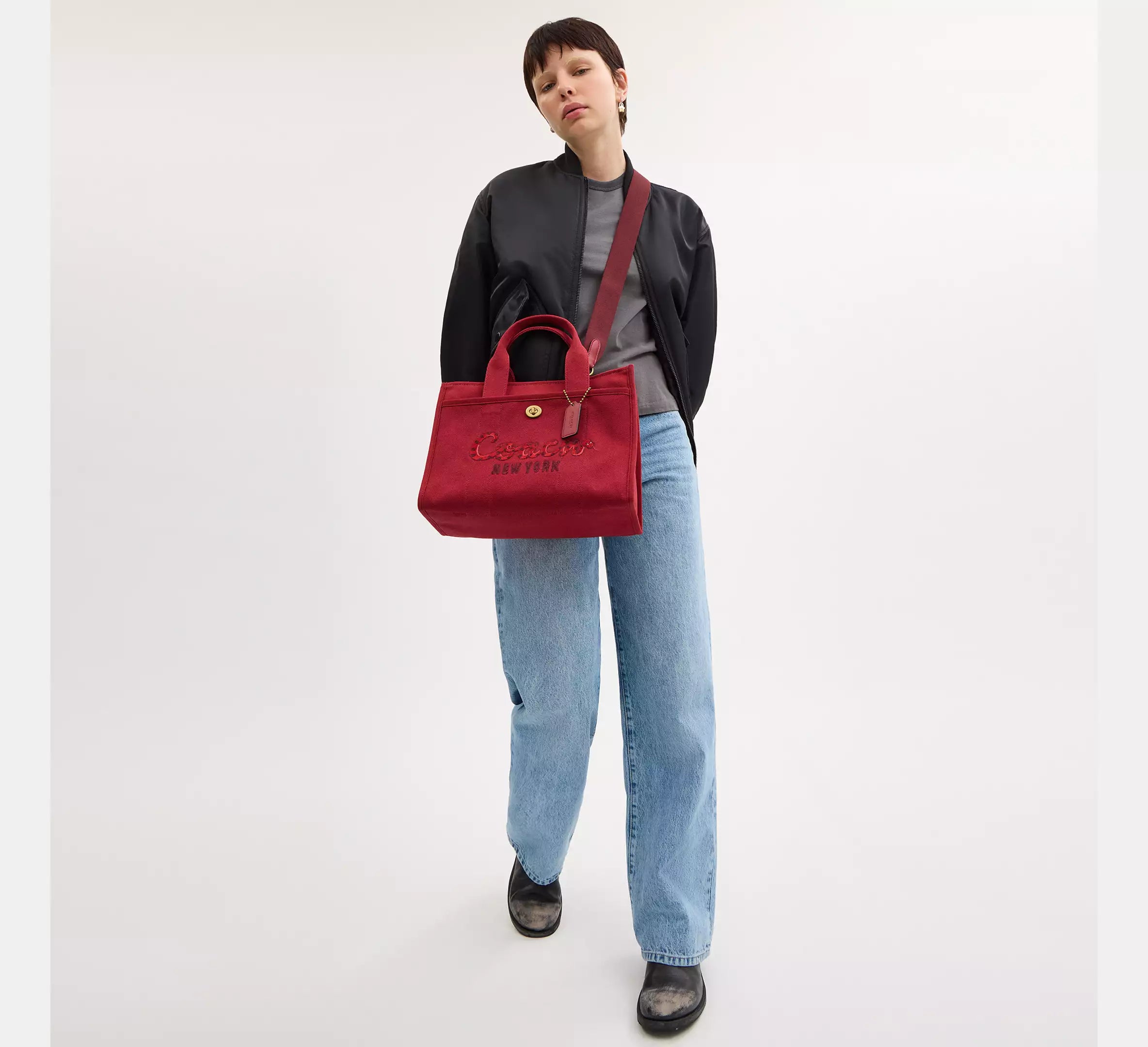 COACH New Year Medium Cargo Tote Bag Brass Ruby