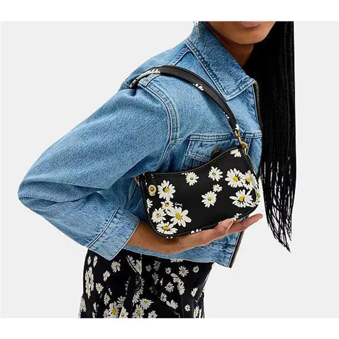 COACH Swinger 20 Floral Print Leathe Brass Black M