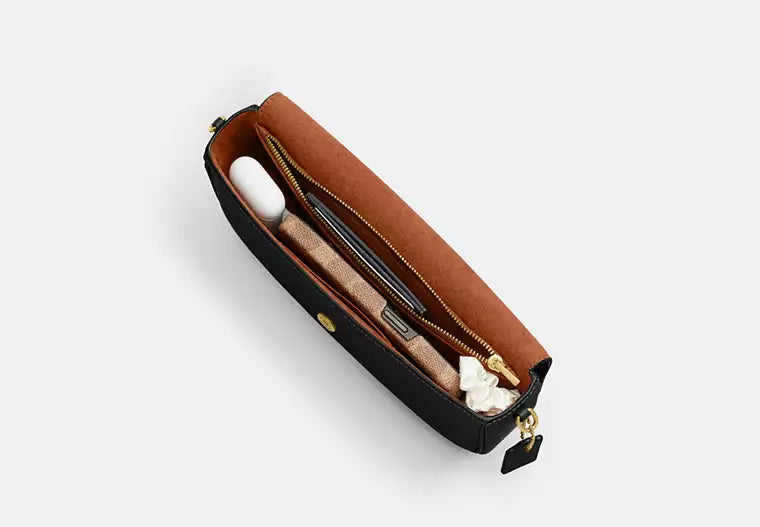 COACH Brook Small Leather Flap Chain Brass Black