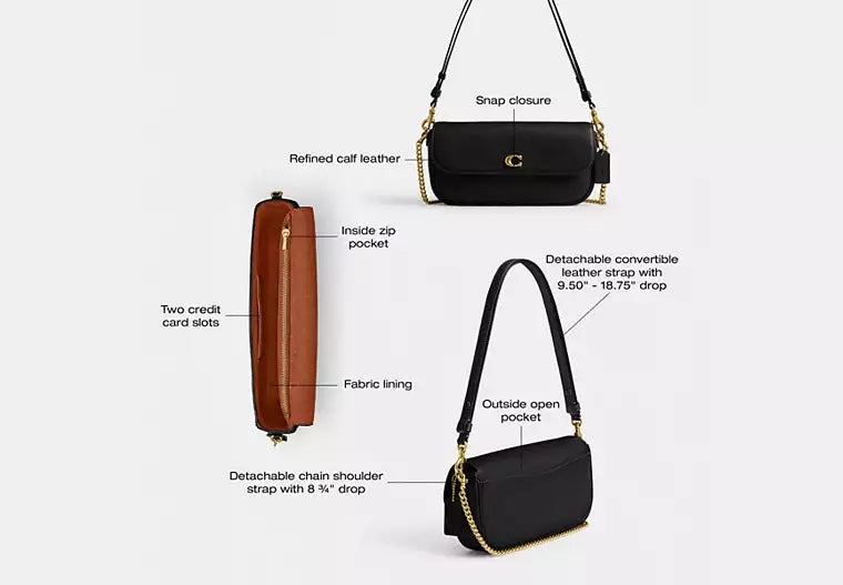 COACH Brook Small Leather Flap Chain Brass Black