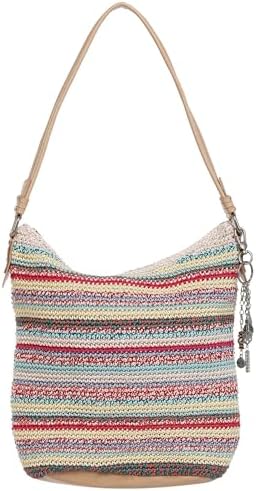 Multicolor striped woven hobo bag with beige handles silver charm