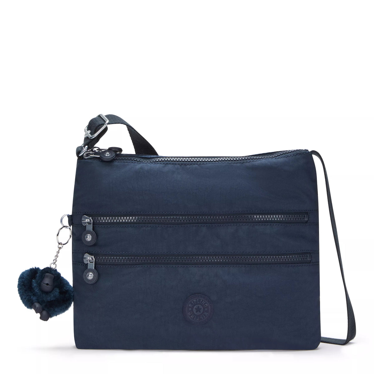 Navy blue nylon crossbody bag with multiple zippered pocket