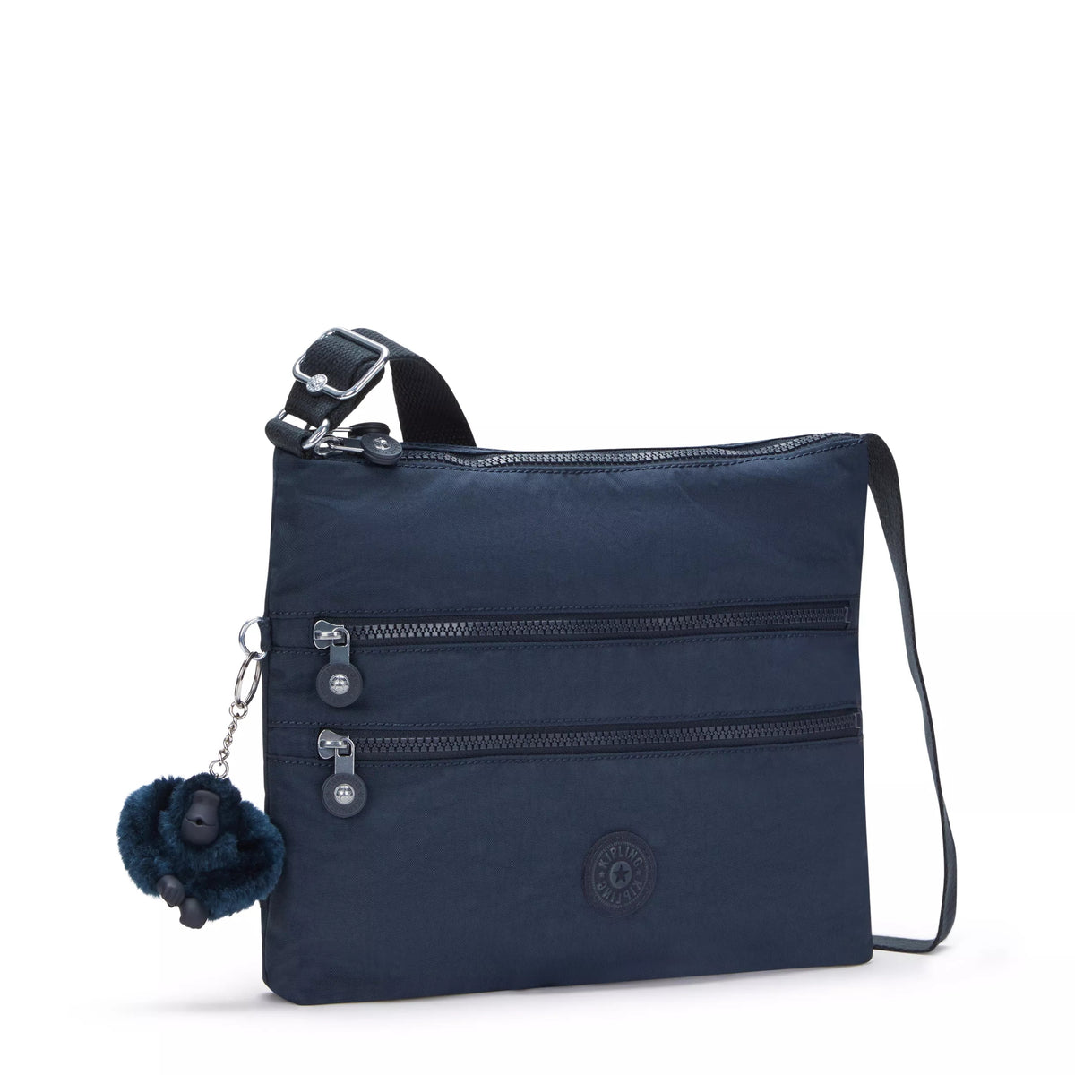 Navy blue nylon crossbody bag with multiple zippered pocket